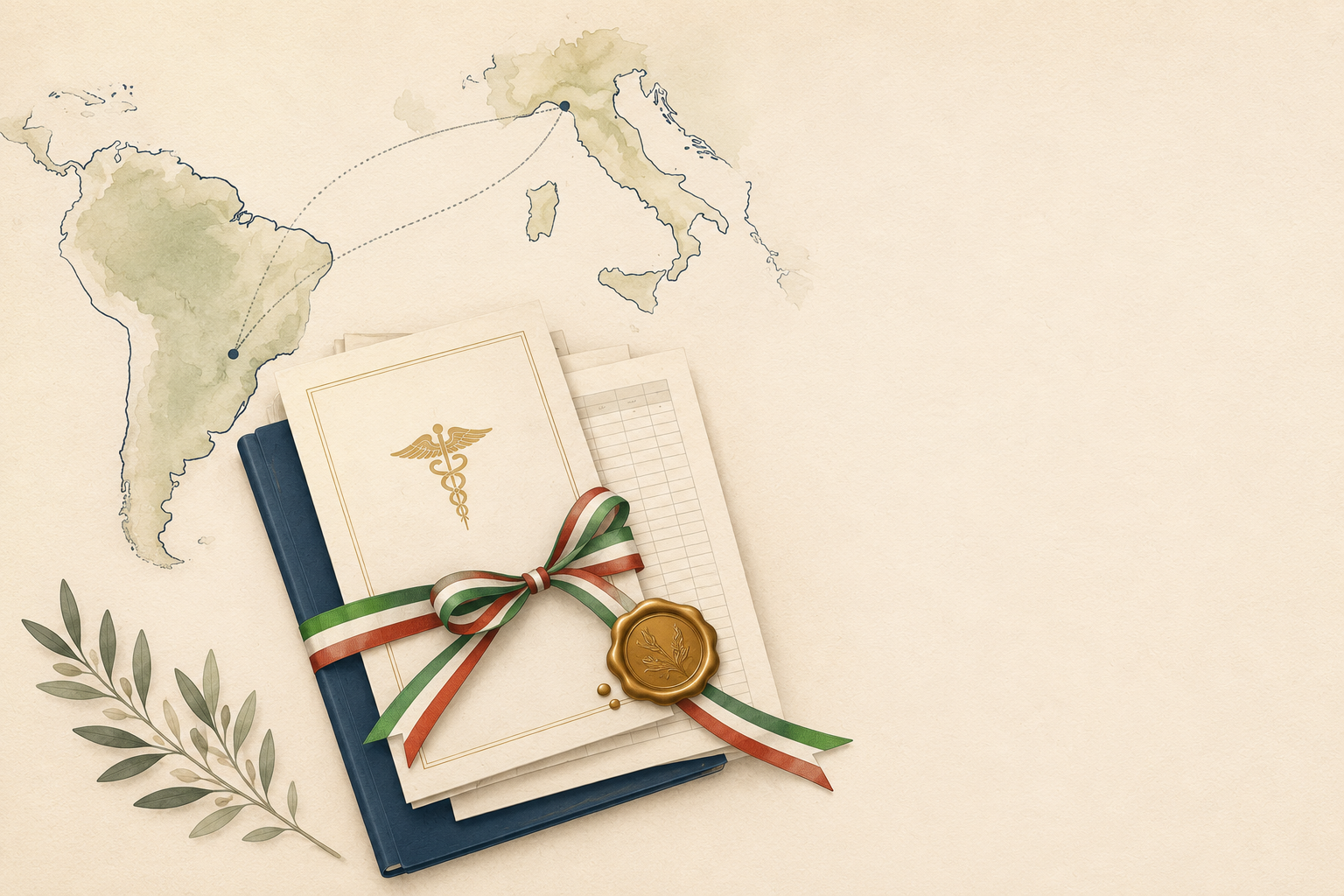 Ilustración editorial minimal AEMI: mapa mundi con América Latina y Europa conectados a un dossier médico con sello dorado y cinta tricolor italiana.