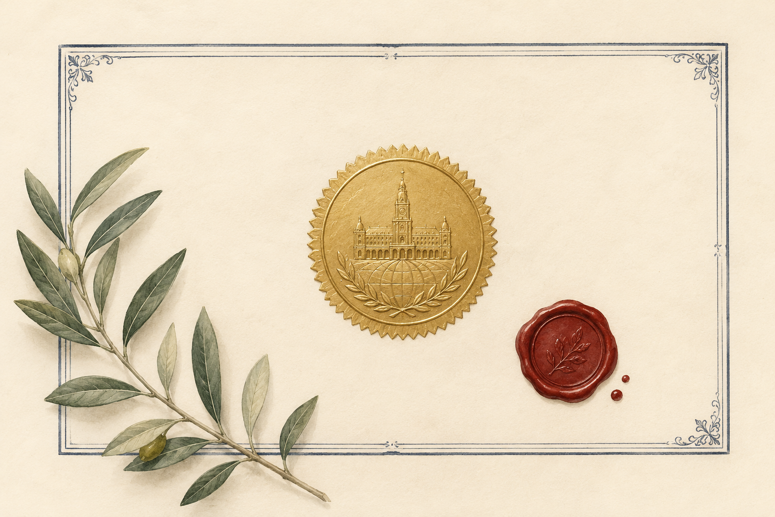 Ilustración editorial AEMI: sello dorado de Apostilla de La Haya sobre documento vintage con cinta roja.