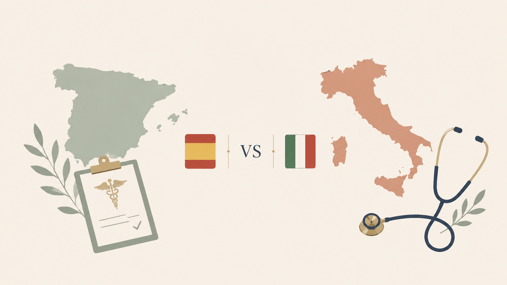 Ilustración editorial minimal: siluetas de España e Italia separadas por un VS, con banderas, un portapapeles médico y un estetoscopio.