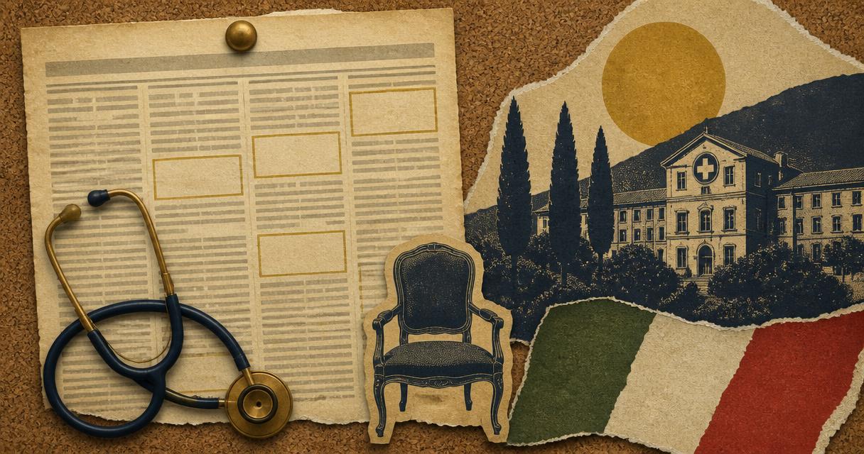 Ilustración editorial AEMI: pasillo hospitalario vacío con silla libre y anuncio de concurso en blanco.