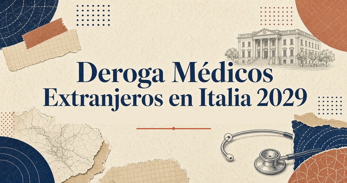 Collage editorial AEMI: expediente, sello dorado y cinta tricolor con el texto Deroga médicos extranjeros hasta 2029.