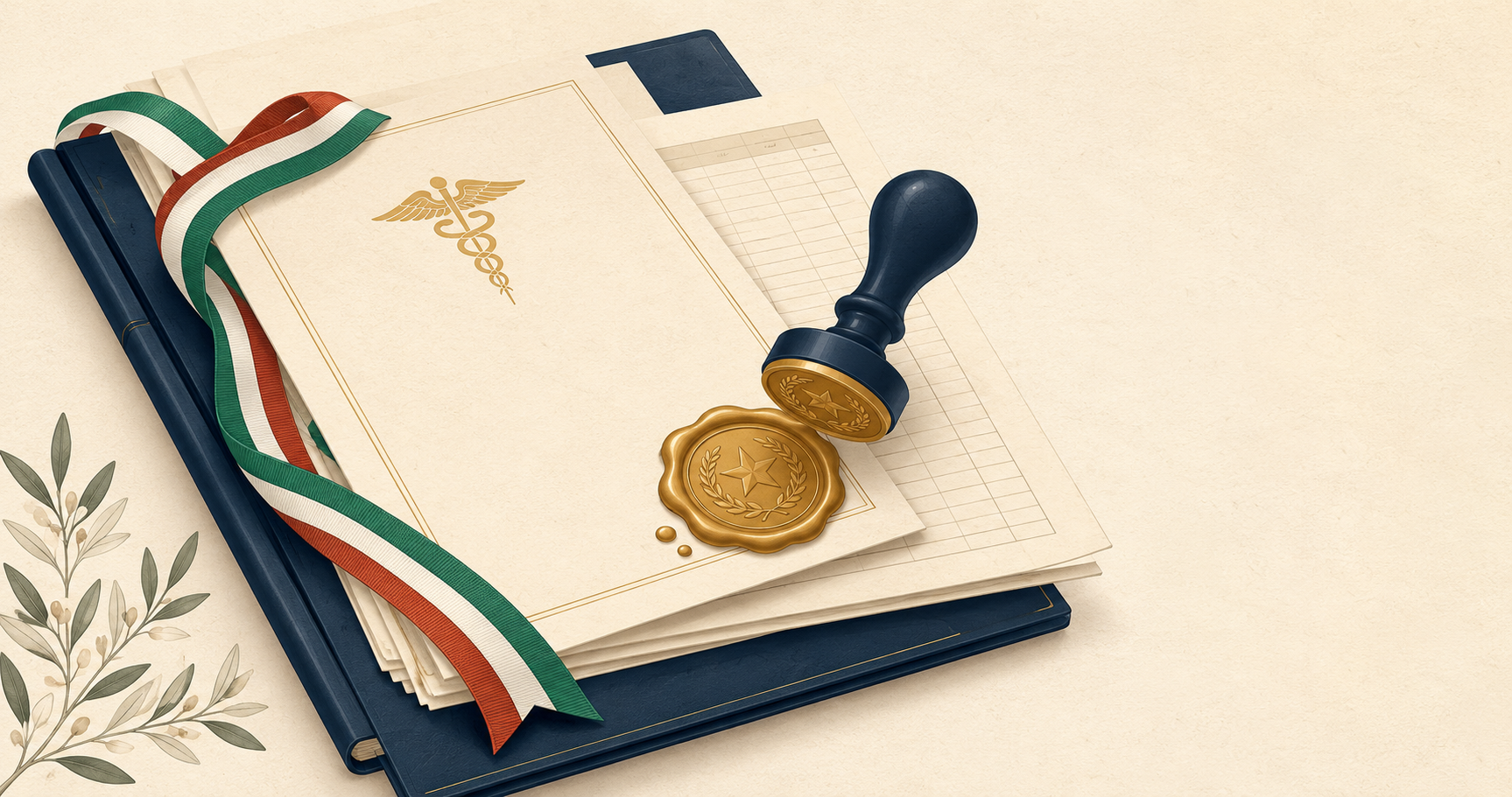 Ilustración editorial minimal AEMI: diploma médico, certificado analítico y sello dorado de apostilla con cinta tricolor italiana.