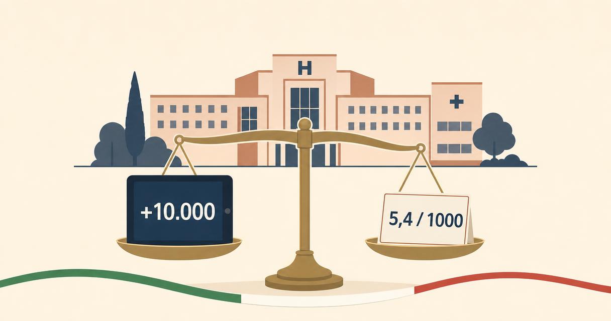 Ilustración editorial AEMI: balanza entre cifra sindical +10.000 y densidad OCSE 5,4 médicos, con silueta de hospital italiano y cinta tricolor.