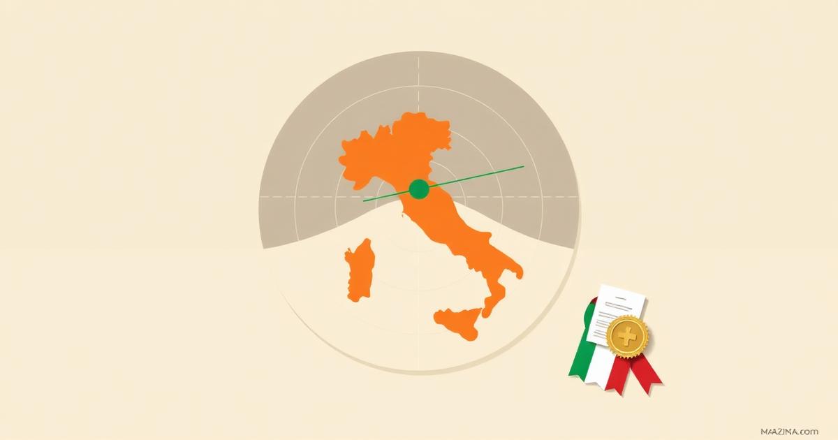 Ilustración editorial AEMI: pantalla de radar sobre silueta de Italia con documento oficial y cinta tricolor.