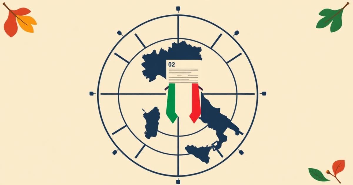 Ilustración editorial AEMI: radar sobre silueta de Italia con documento oficial, cinta tricolor y motivo otoñal.